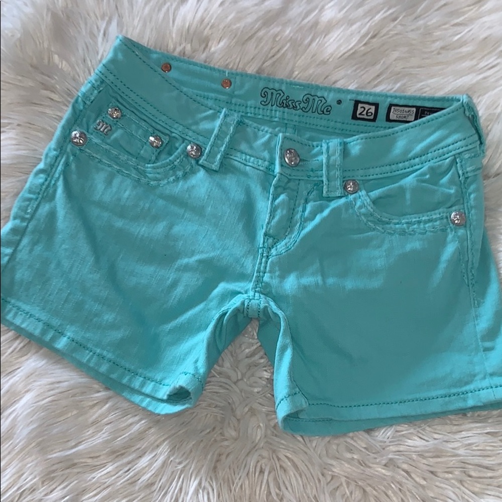 - Miss me mint stitched crystal shorts flap pockets